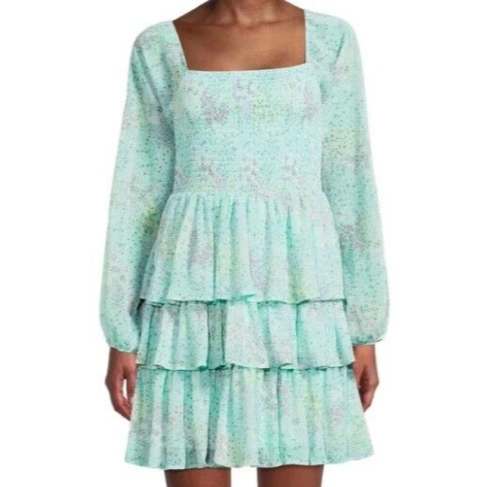 Madden NYC Ditsy Floral Dress Women Jr XXL Green Ruffle Tiered Smocked Cottage